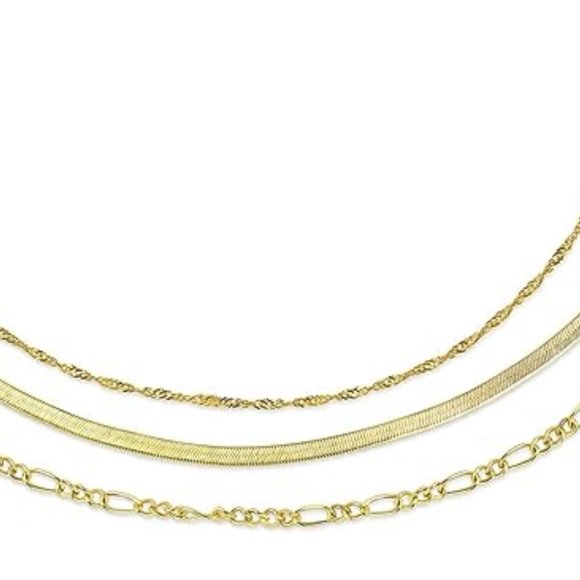 14k Gold Herringbone Necklace Set Layered Chain Choker Delicate Dainty Jewelry - Picture 6 of 7
